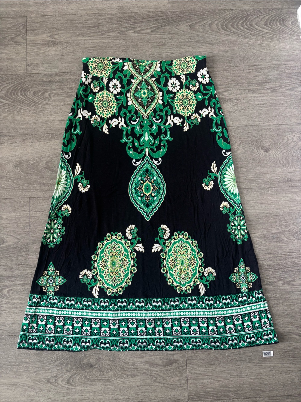 INC International Concepts Black Maxi Skirt with Green and Cream Medallion Print